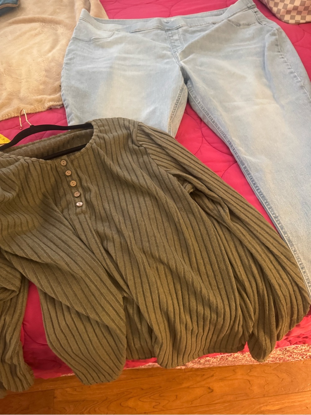 Terra & Sky Olive Ribbed Henley Sweater Top and Jeans by Terra and Sky